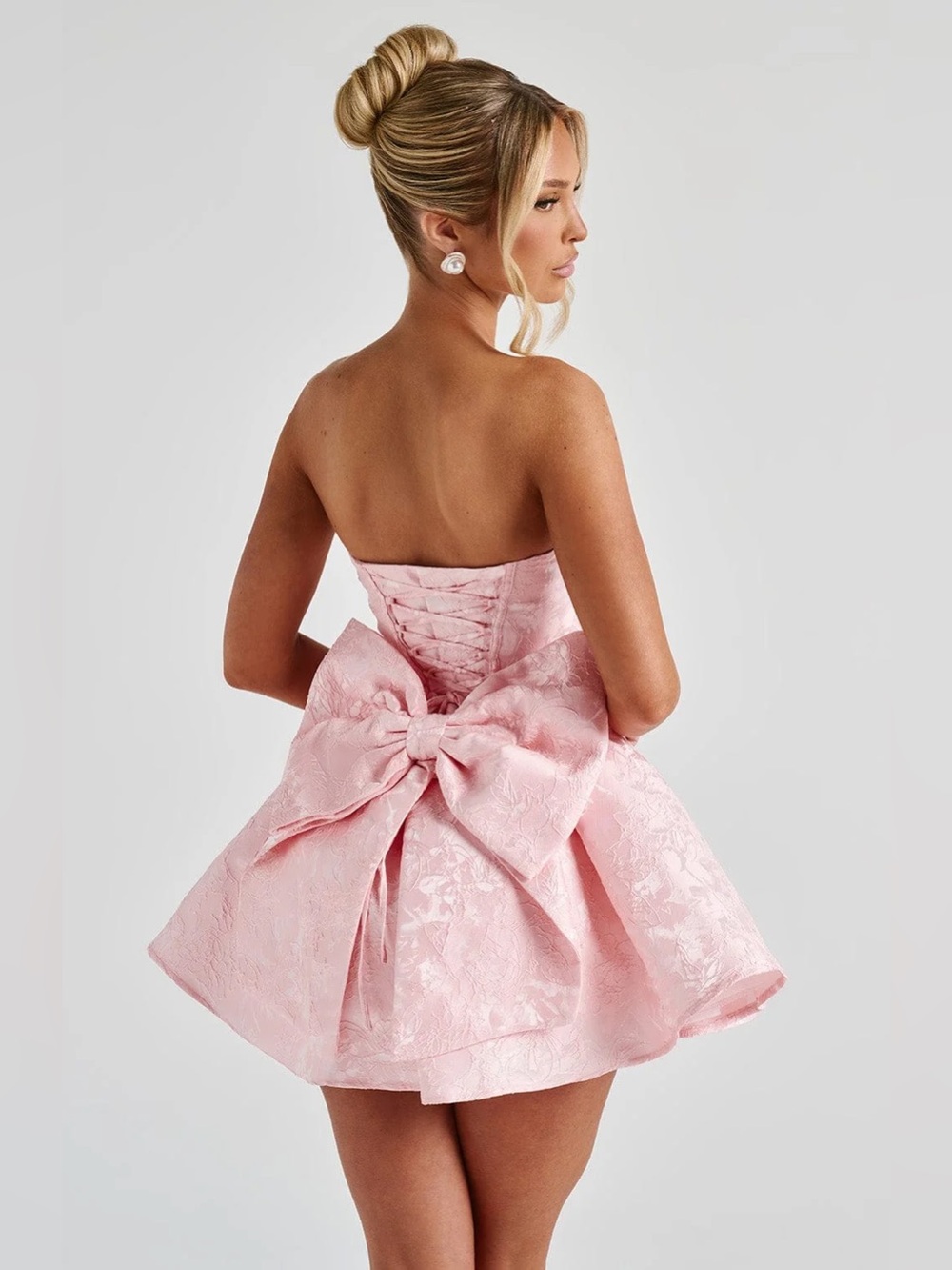 BABYBOO Salome Mini Dress Large Blush Pink Lace-Up Bow Floral Coquette Feminine